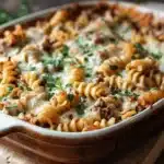 creamy garlic butter beef pasta bake - featured image