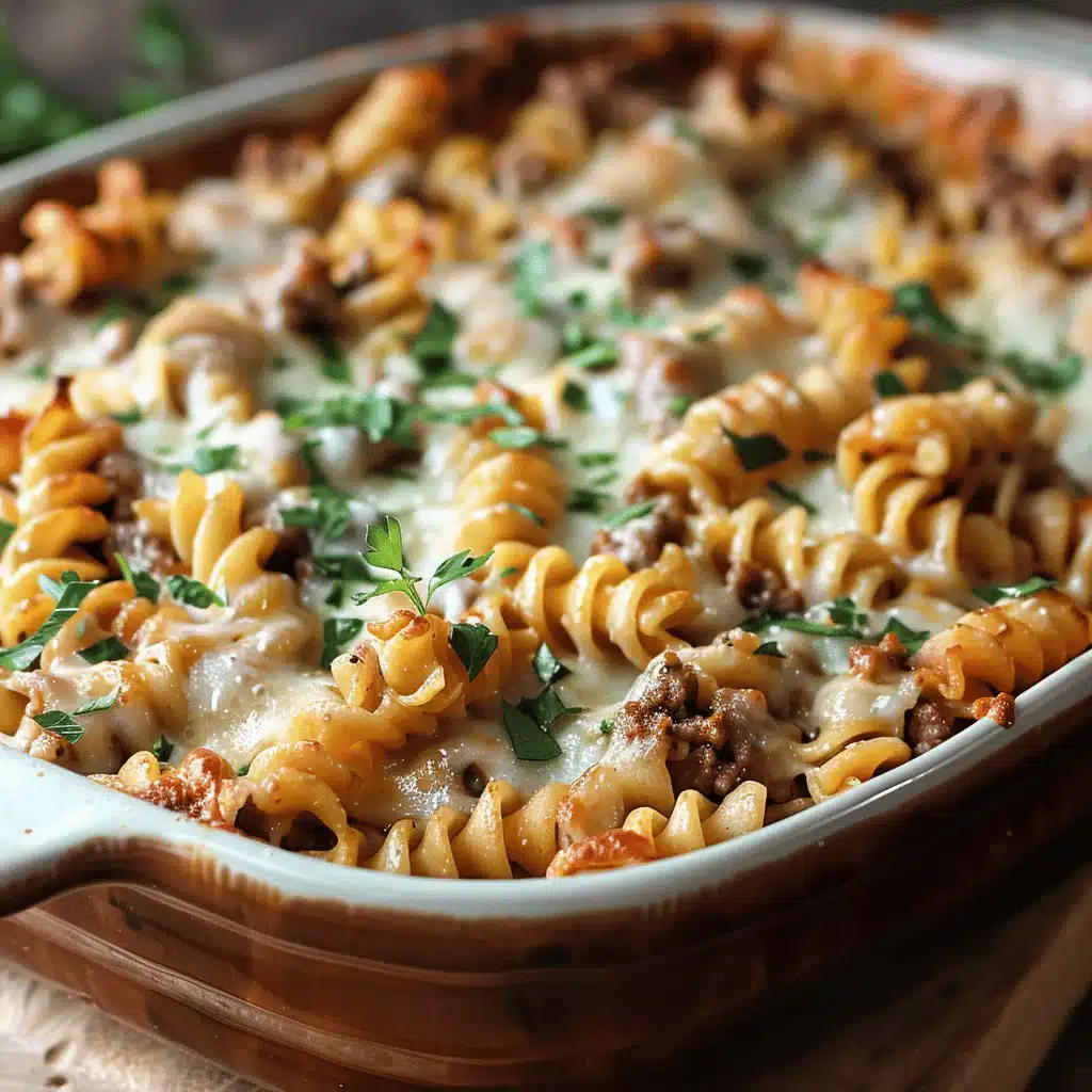 creamy garlic butter beef pasta bake - featured image