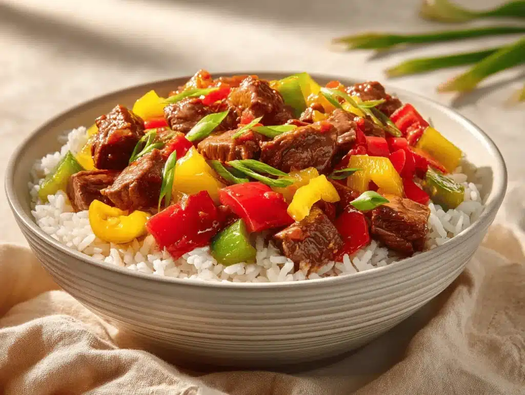 beef and pepper rice bowl - featured image