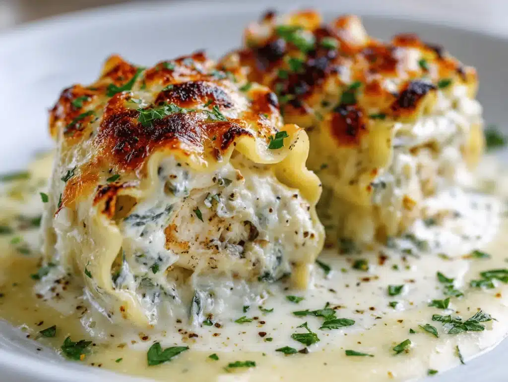 cheesy chicken Alfredo lasagna rolls - featured image