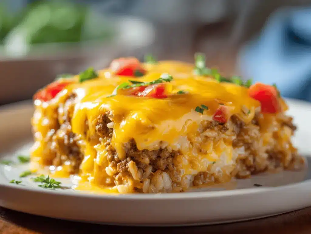 cheesy hamburger rice casserole - featured image