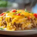 cheesy hamburger rice casserole - featured image