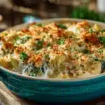 creamy spinach artichoke chicken casserole - featured image