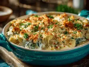 creamy spinach artichoke chicken casserole - featured image