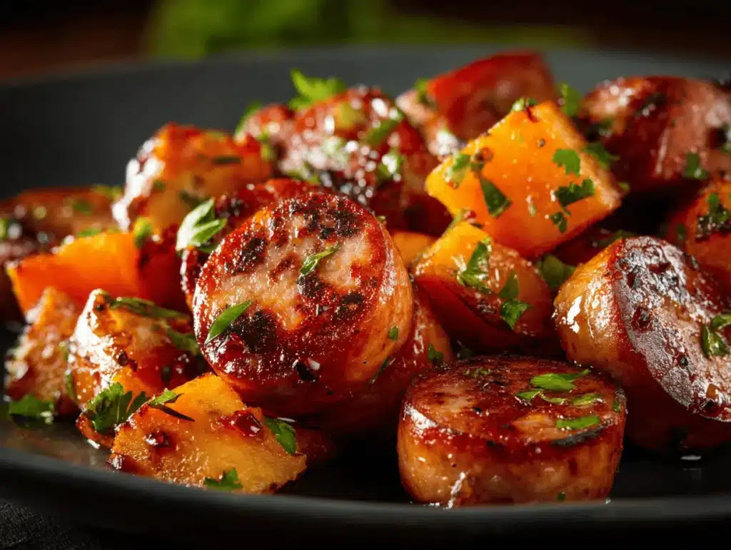 healthy honey garlic sausage sweet potatoes - featured image