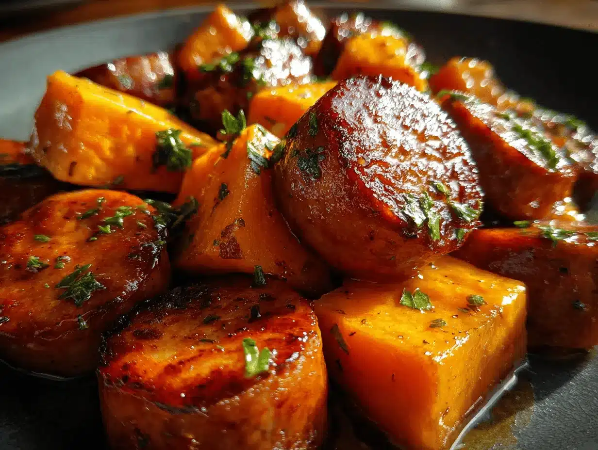 healthy honey garlic sausage sweet potatoes preparation steps